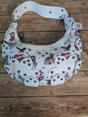 Ed Hardy White Shoulder Bag Studs Red Heart Rose Tiger Tattoo Print Y2K Purse